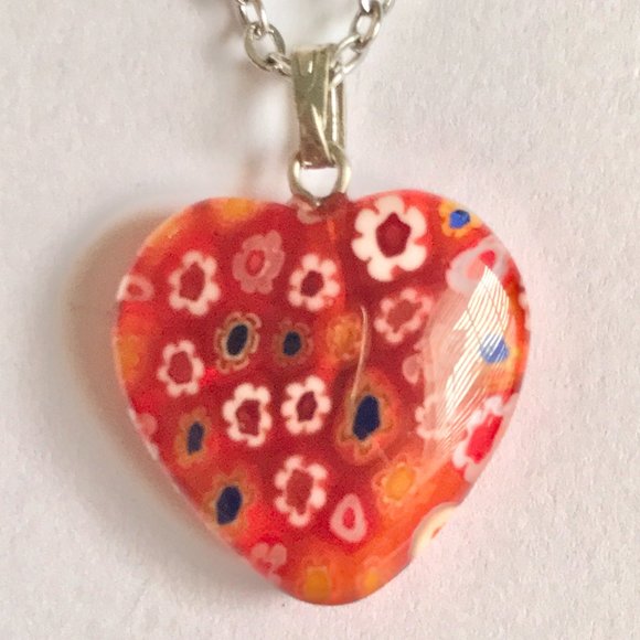 Orange Murano Glass Heart Necklace Millefiori Flowers Vintage Stainless Steel 18 - Picture 7 of 12